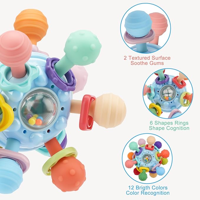 Easter Baby Teething Toys for 0-6 6-12 Months, Food Grade Teether Sensory Toys, Infant Sensory Chew Rattles Toys, Perfect Baby Easter Basket Stuffers & Easter Gifts