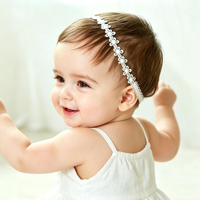 Baby Girls Flower Crown Headband Lace Handmade Floral Headbands Soft Elastic Band Daisy Hairband Newborn Infant Toddler Kids for Christening Baptism Birthday Party (Small White Daisy)