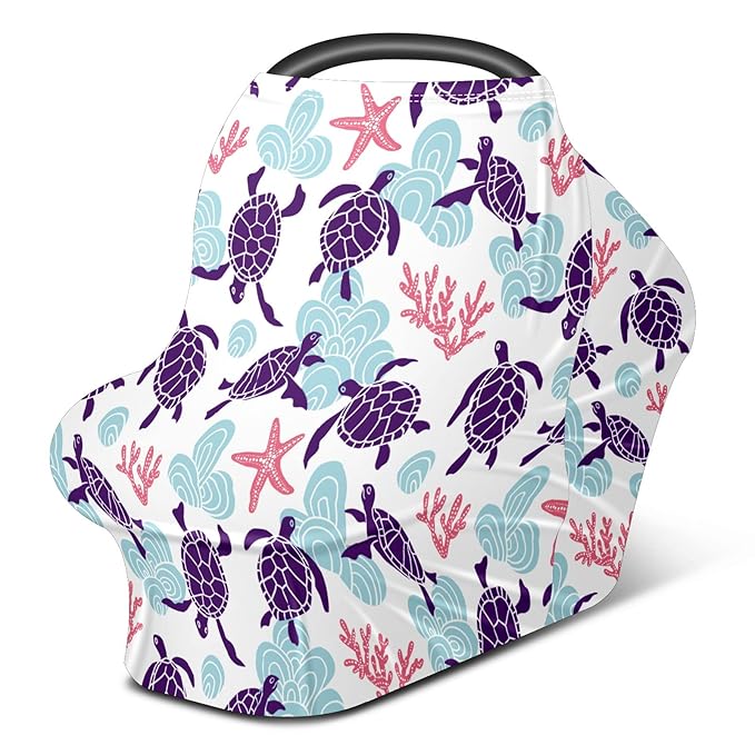 Baby Car Seat Stroller Covers Purple Sea Turtles Marine Starfish Nursing Cover Breastfeeding Scarf Soft Breathable Stretchy Coverage Carseat Canopy Cover for Boys and Girls Soft Breathable Multi Use