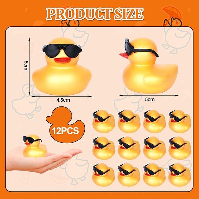 12 Pcs Mini Gold Rubber Ducks with Black Sunglasses, Squeaky Car Decor, Party Decor,Rubber Ducks Bulk, Lucky Ducks for Birthday Gift