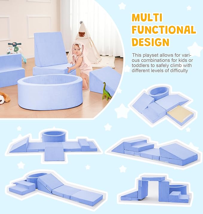 Elftopia Foam Climbing Blocks with Ball Pit & Stairs for Toddlers Aged 1-3 -Soft Playset for Indoor Crawling, Foam Playground Set for Baby to Active Playing Inside -(Balls NOT Included),Light Blue