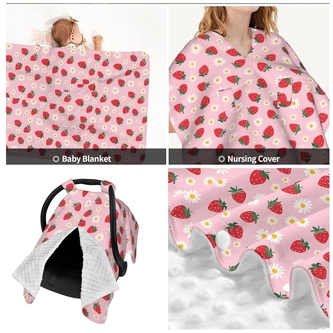 Strawberry Flowers Baby Car Seat Canopy Nursing Cover for Newborn Car Seat Breastfeeding Covers Blanket Newborn Shower Gift