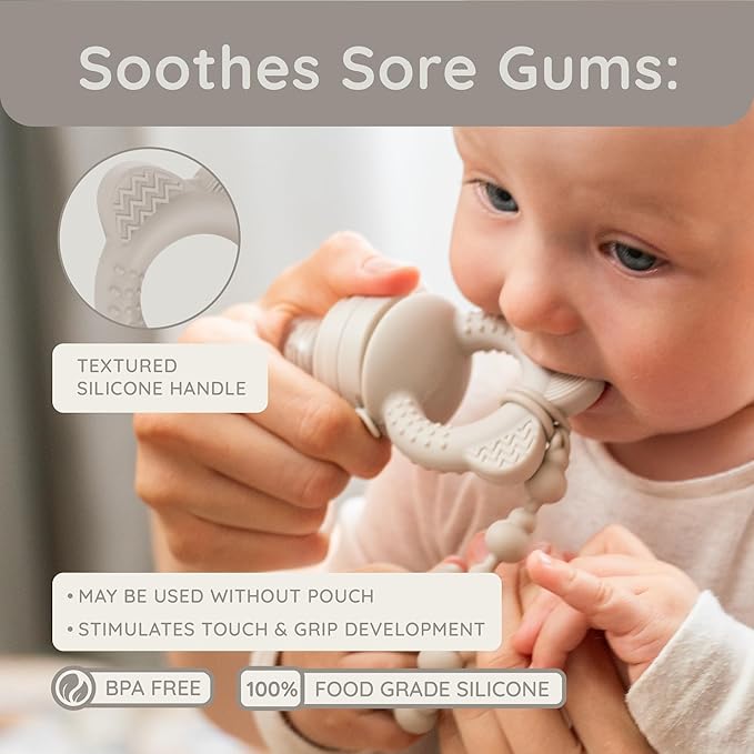 Baby Fruit Feeder & Popsicle Molds Set – Baby Food Feeder Nibbler, Breastmilk Popsicle Molds, Grip Handle, Safety Strap & Cleaning Brush – Feeding Essentials 6–12 Months – Grey