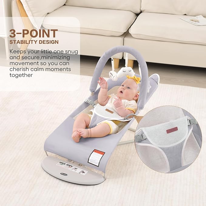 Baby Bouncer, Foldable Infant Bouncer Seat with 3 Adjustable Heights, 0-18 Months, Portable Baby Bouncer with Soft Cotton Fabrics, Lightweight & Easy to Wash