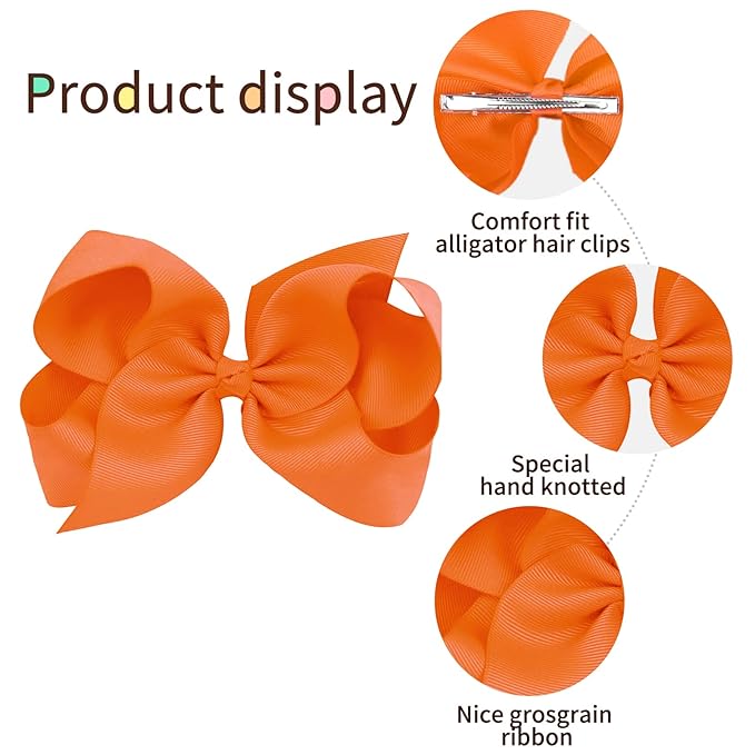 Oaoleer Big Hair Bows for Girls 12 PCS 6" Orange Grosgrain Ribbon Large Boutique Bow Alligator Clips Hair Accessories for Toddlers Little Girls Kids