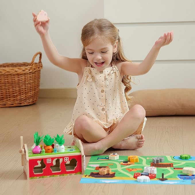 JAUNTY Montessori Toy for Toddlers 1 2 3 Years Old, Wooden Farm Shape Sorting Toy for Baby Boys Girls 1-3, Educational Learning Sensory Toy 1 Year Old Gift for 1st First Birthday
