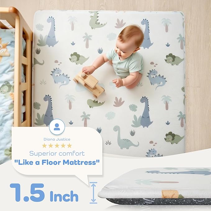 1.5" Thick Premium Baby Floor Play Mat, 50x50 Padded Memory Foam Mat, Tummy Time Crawling Playmat for Nursery Playroom Classroom, Dinosaurs