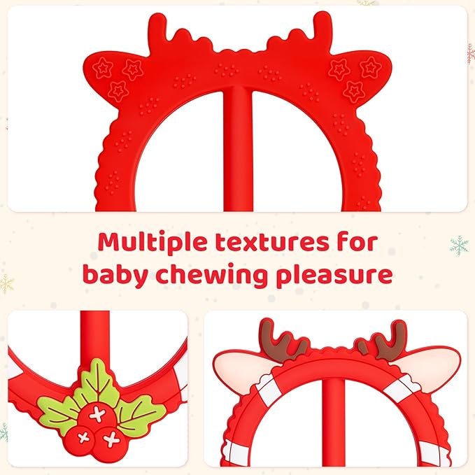Red Teether for Babies - SHARE&CARE Mom Gifts Silicone Teething Toy, Women Gift for Mom, Wife,Her, Holiday Baby Chew Toy for 3 Months+, BPA-Free,Baby Shower (Red Holiday)
