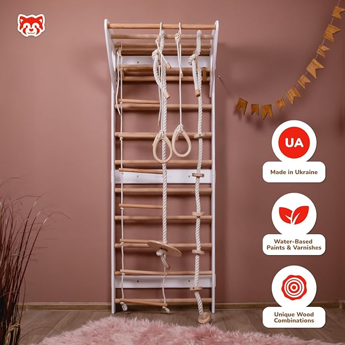 Wood And Hearts Swedish Ladder for Kids with Rope Accessories - Indoor Jungle Gym, Indoor Jungle Gym for Kids Ages 3-16, Indoor Climbing Gym (Swedish Ladder of 2 Parts (White))