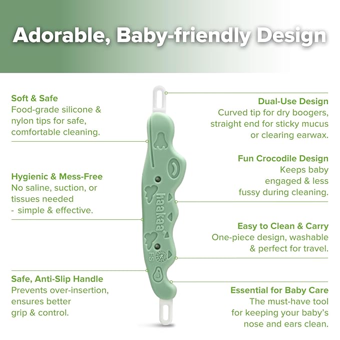 haakaa Baby Nose Cleaner & Ear Wax Removal Tool,The Unique Crocodile-Shaped Design,Newborn Essentials Must Haves - Pea Green