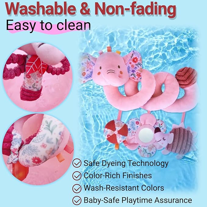 Baby Toys 0-6-12 Months Spiral Car Seat Toy, Infant Stroller Hanging Rattle Stuffed Animal Newborn Girl Boy Gift Easter Basket Stuffers Mirror Pink Elephant 3PCS