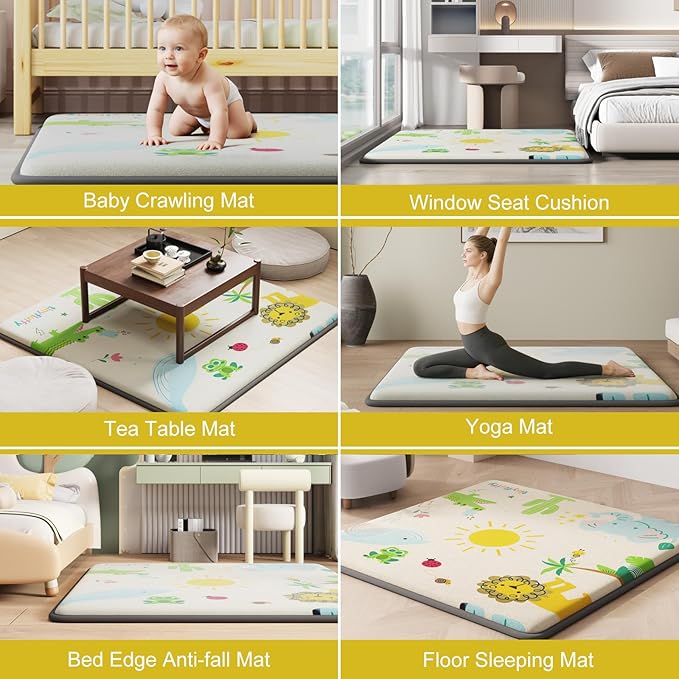 Baby Play Mat for Floor, 1.3" Thick Elasti-Foam Baby Play Mat, 50x50 Playpen Mat for Toddlers Infant kids, Water Repellent Soft Coral Velvet Crawling Mat for Floor, Non-Slip Backing Safe Jungle Safari