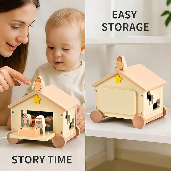Wooden Nativity Set Montessori Toys for 1 Year Old - Baptism Gifts for Boys Girls - Religious Christening Gift - Bible Toys for Toddlers 1-3 House on Wheels Shape Sorter