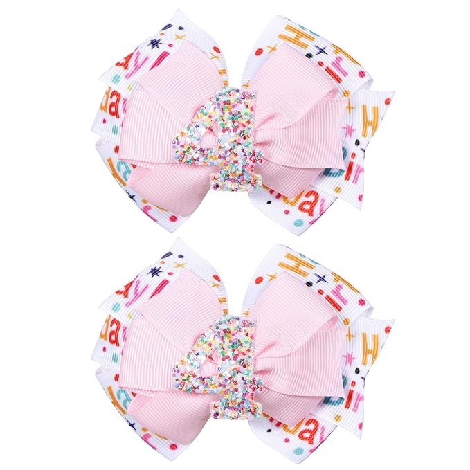 3.5-Inch Happy Birthday Hair Bow Clips for Girls,Glitter Pink Sprinkle Bow Barrettes Alligator Hairpins,Teens Toddlers Kids 4th Birthday Party Dress outfits Decor Accessories Gift