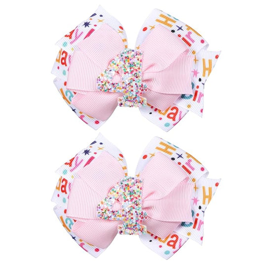 3.5-Inch Happy Birthday Hair Bow Clips for Girls,Glitter Pink Sprinkle Bow Barrettes Alligator Hairpins,Teens Toddlers Kids 4th Birthday Party Dress outfits Decor Accessories Gift