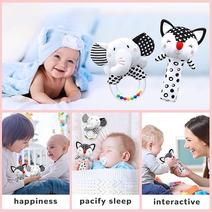 XIXILAND Black and White Car Seat Toys & High Contrast Baby Rattles 0-6 Months, Newborn Toys Baby Toys 0-3 Months Infant Toys for 0 3 6 9 12 Months Girls Boys