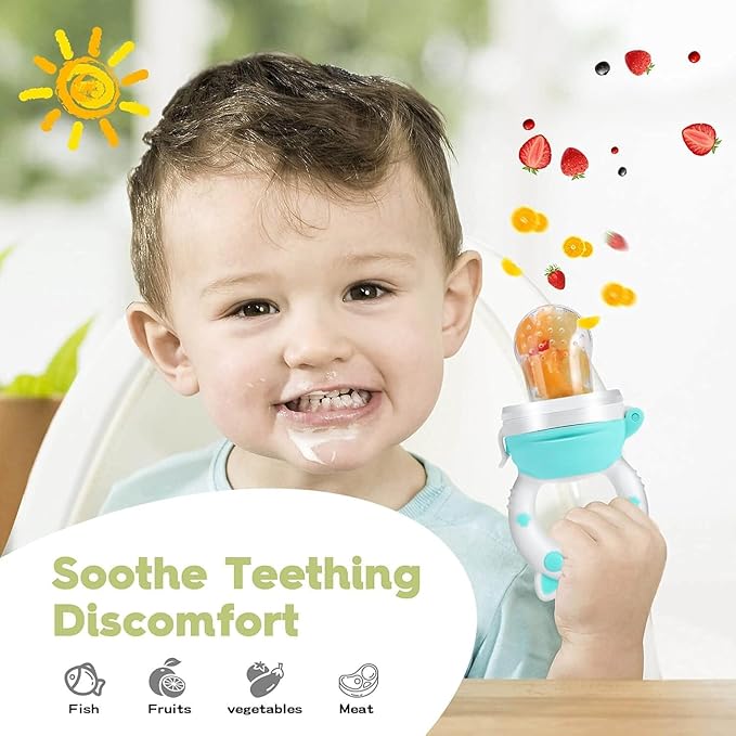 Baby Fruit Food Feeder Pacifier - Fresh Teething Pacifiers, Infant Fruit Teething Teether Toy for 3-24 Months, 6 Pcs Silicone Pouches for Toddlers & Kids & Babies, Piggy Handle 2-Pack (Blue)