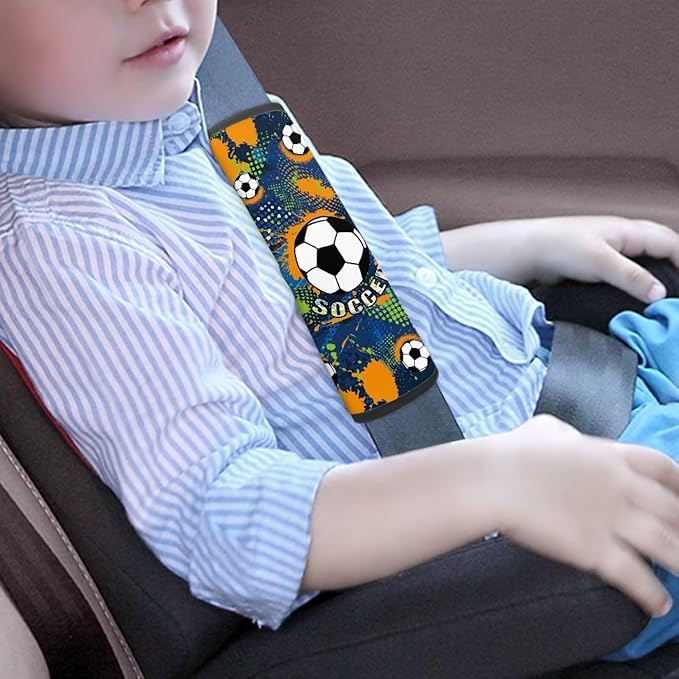 Biyejit Soccer Print Car Seat Belt Covers for Kids, 2 Packs Toddlers Seat Strap Covers, Soft Car Seat Straps Shoulder Pads Seat Belt Protectors for Boys