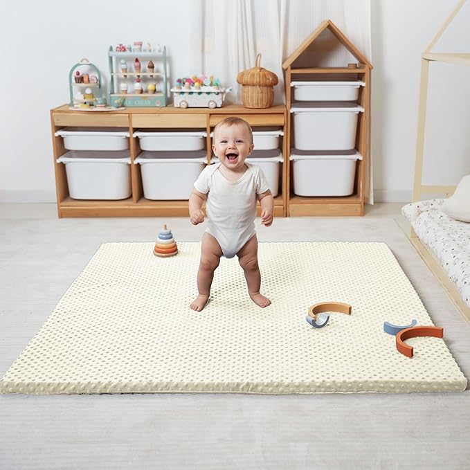 Huloo Sleep Baby Floor Play Mat for Playpen, Extra Thick 50"x50" Padded Mat with Ultra Soft 3D Minky Dot & Removable Washable Cover, Non-Slip & Safe for Crawling,Tummy Time,Infant/Toddler(Cream)