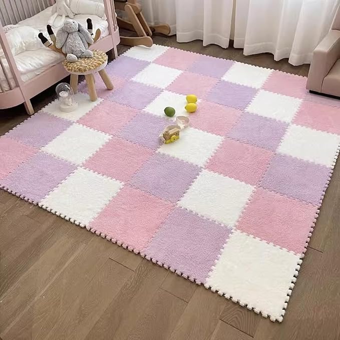 12pcs Plush Puzzle Foam Floor Mat, Cute Soft Fluffy Interlocking Square Foam Tiles Area Rugs Carpet for Parlor Bedroom Decoration(11.8x11.8x0.4in, Pink&White&Light Purple)