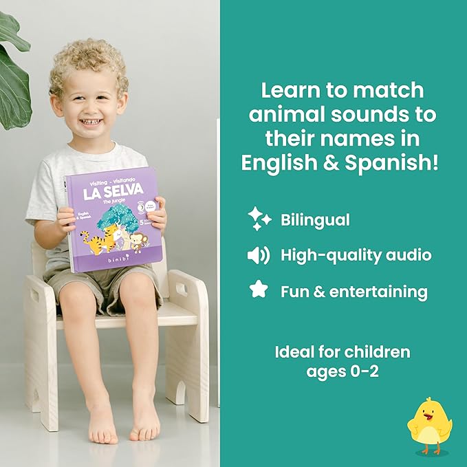 Binibi Bilingual Spanish Sound Board Book for Babies & Toddlers 1–3 – Jungle Animal Sound Buttons, Interactive Early Spanish Learning Board Book – Durable Gift