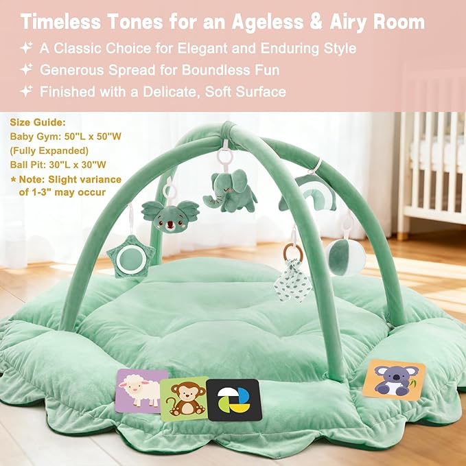 5-in-1 Baby Activity Gym & Play Mat with 6 Hanging Toys, Tummy Time Mat & Cards - Extra Large, Reversible Machine Washable Pad - Gift for Newborns, Infants 0-12 Months, Sage Green