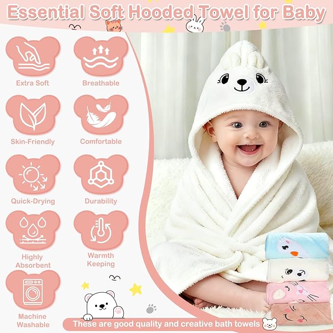 Sublaga 14 Pcs Baby Towels, Soft Baby Towel and Washcloths Set, 4 Pcs 32x32 in Hooded Bath Towel, 8 Pcs Baby Washcloths and 2 Pcs Cotton Baby Bibs for Newborns, Toddlers, and Kids for Boys and Girls