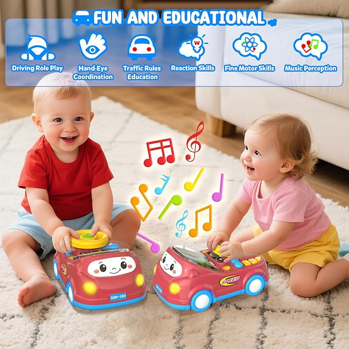 Toys for 1 Year Old Boy Gifts - 2-in-1 Toddler Push Car & Musical Racing Adventure Steering Wheel Driving Game, Interactive Simulated Driving Car for Baby 12-18 Months,Birthday Gift Ages 1-2,Light Red