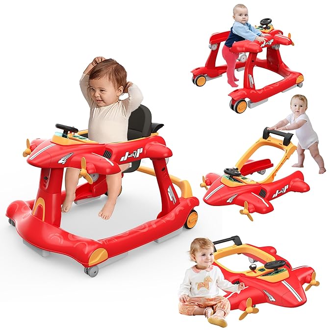 Betterhood 6-in-1 Foldable Baby Walker with Adjustable Height & Speed, Airplane-Themed Activity Push Walker with Music & Lights, Wheels, Anti-Slip Design, Suitable for Boys & Girls Aged 6-18 Months