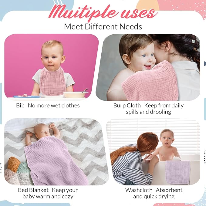 Hahafelt 6 Pcs Muslin Hooded Bath Towels Washcloths and Bibs Set, Muslin Cotton Baby Towels Absorbent Hooded Blanket Towel Infant Bibs for Boys Girls Newborn Infant Essential(Pink, Purple)