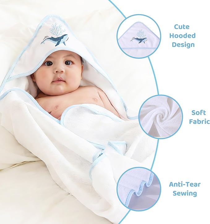 Mooreeke Baby Towel with Hood for Boys Blue Ocean Bath Towel for Babies Ultra Soft Absorbent 3 PCS Baby Towels and 3 PCS Washcloths for Newborn Essentials