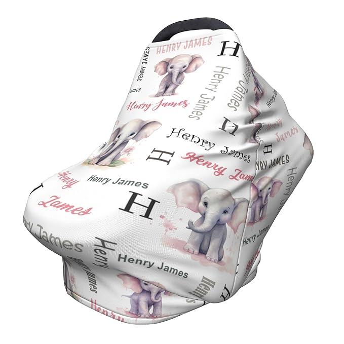 Personalized Baby Car Seat Covers for Babies, Custom Elephant Nursing Breastfeeding Carseat Canopy with Name, Infant Stroller Covers for Newborn Girls Boys, Breathable Carseat Cover