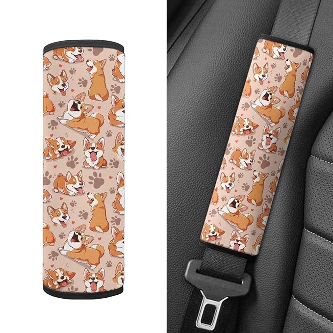 Biyejit Cute Corgi 2 Pieces Set Seat Belt Cover for Kids, Soft Anti-Skid Seat Belt Cushion for Children, Car Seat Belt Pads Cover for Girls and Boys