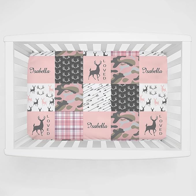 Personalized Pack and Play Sheets with Name, Custom Name Baby Mini Crib Sheets for Baby Girls, Name Pack n Play, Fitted Sheet with Name, Soft and Breathable Material (Woodland Deer Pink)