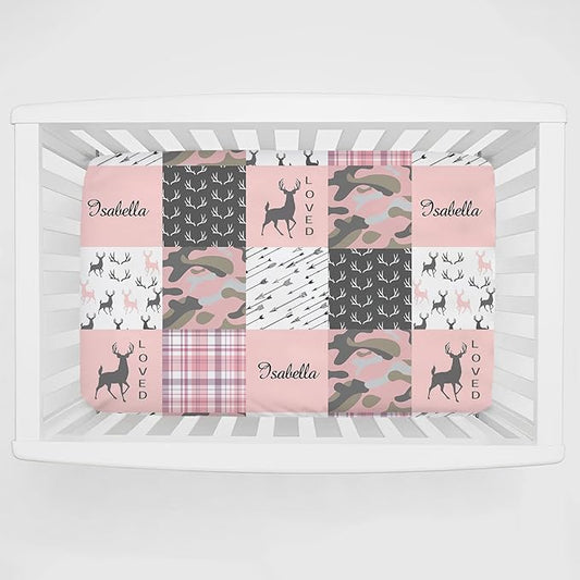 Personalized Pack and Play Sheets with Name, Custom Name Baby Mini Crib Sheets for Baby Girls, Name Pack n Play, Fitted Sheet with Name, Soft and Breathable Material (Woodland Deer Pink)