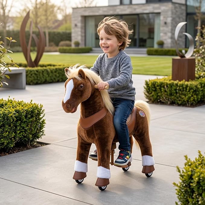 PonyCycle Big Horse Ride on Pony Advanced Model Y Plush Brown Riding Horse Toy for Children Size 5 for Ages 7+, Rocking Horse, Waliking Animal Pony Ride Y574