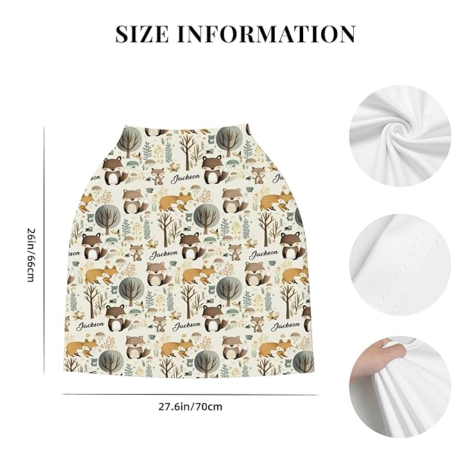 Personalized Woodland Baby Car Seat Cover with Name,Multi-Use Canopy for Nursing, Strollers,Shopping Carts,Customized Breastfeeding Cover, Full Privacy,Infant Stroller Cover