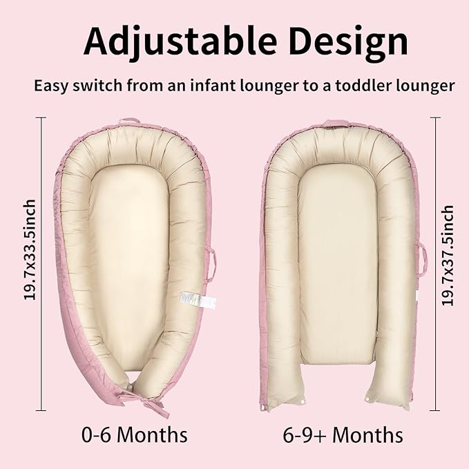 Infant Lounger, Portable Infant Beds, 100% Cotton, Breathable & Reversible, Baby Lounger for Newborn, Adjustable Baby Floor Seat for Tummy Time, Essentials for Newborns (Pink)