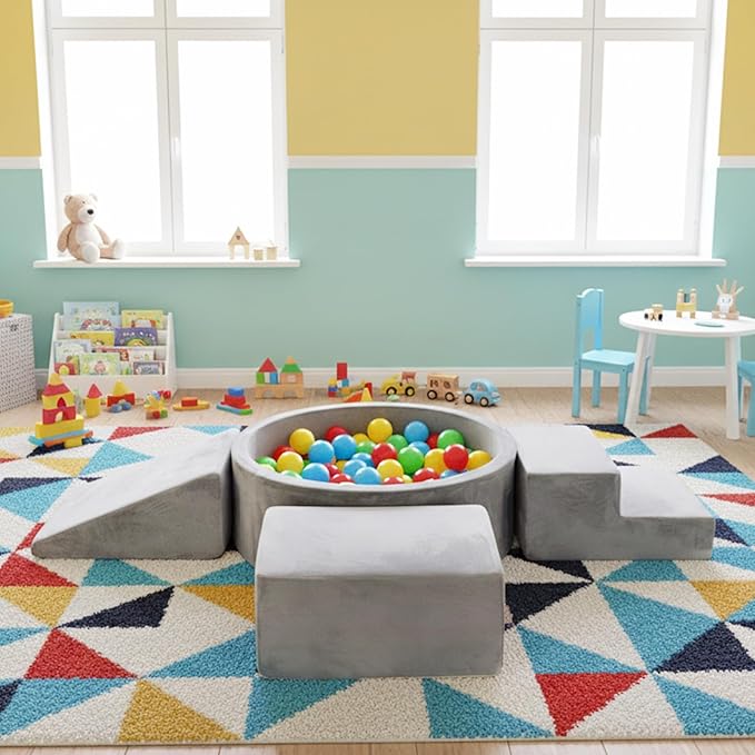 Tiita Climbing Toys for Toddlers 1-3 Indoor with Ball Pit, 4-Piece Kids Foam Climbing Blocks, Activity Soft Play Climbing for Baby, Grey, Balls not Included