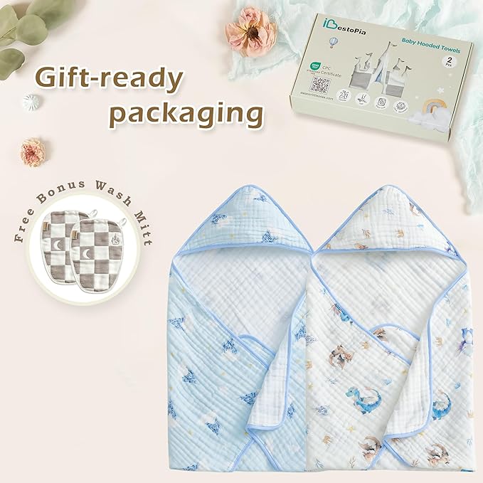 Hooded Baby Bath Towels 2 Pack 32x32 Inch, 100% Cotton Soft & Highly Absorbent, Blue Castle & Baby Dragon Design, Baby Towel Set with Wash Mitts, Gentle for Newborn, Infant & Toddler