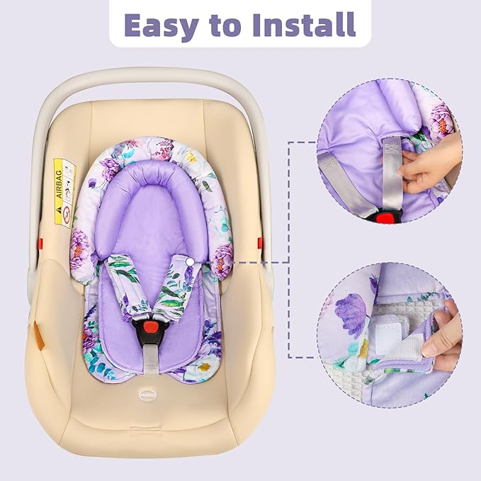 Baby Car Seat Head Support & Strap Covers, Upgraded 2-in-1 Infant Car Seat Insert Cushion for Newborn Girls, Mesh & Minky Fabric, Perfect for Carseat, Stroller, Swing, Extra Soft, Purple
