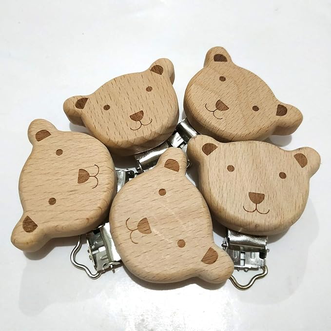 5pcs Natural Wood Suspender Pacifier Clips Cute Beech Wooden Animal Bear Shape Clips DIY Beading Pacifier Chain Accessory