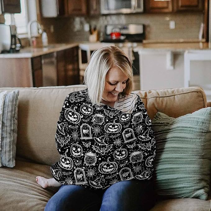 Nursing Cover for Breastfeeding Scarf Super Soft Cotton Multi Use for Baby Car Covers Canopy Shopping Cart Cover Blanket Stroller Cover Halloween Themed Pumpkin Witch Bat Spider Black