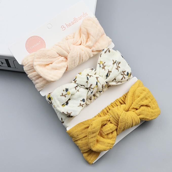 Cotton Muslin Baby Girl Hair Bow Headband, Top Knotted Headwrap Solid Floral Printed for Newborns, Infants, Toddlers(CJGingerset)