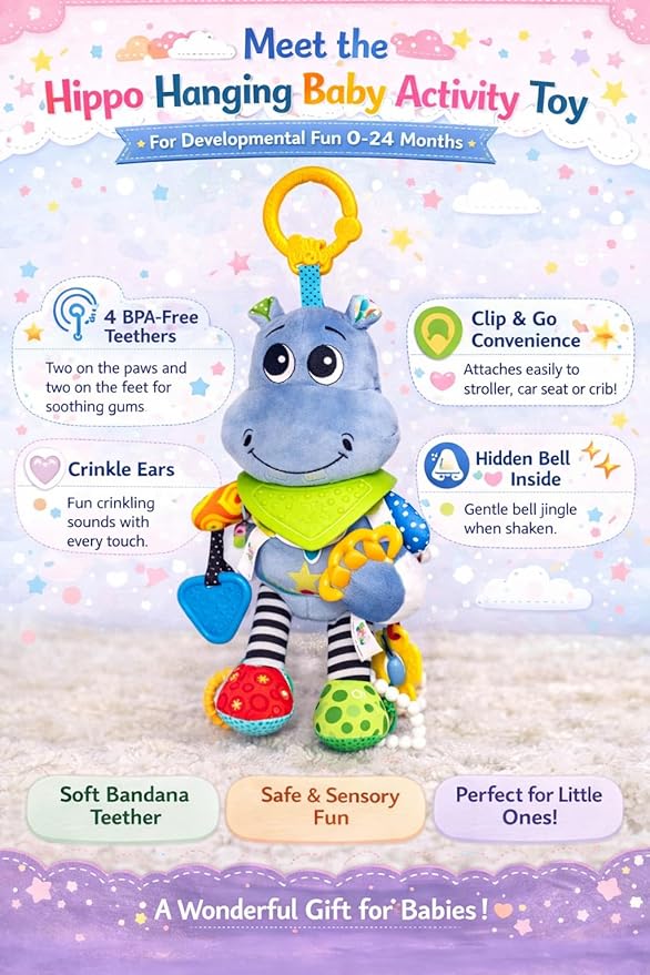 Balibazoo Hippo Hanging Baby Activity Toy – Soft Plush Sensory Toy with 4 BPA-Free Silicone Teethers, Crinkle Ears & Hidden Bell | Clip for Stroller and Car Seat | Developmental Toy 0-24M | Gift