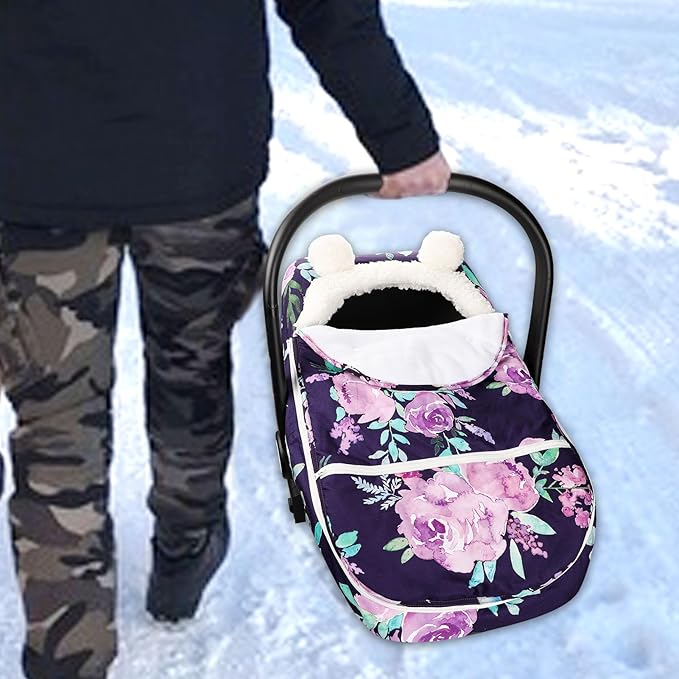 Winter Carseat Cover Girls, Purple Cozy & Warm Cover, Infant Car Seat Canopy, Ultra-Soft Breathable Protect Baby from Cold Wind, Zipped Removable Design