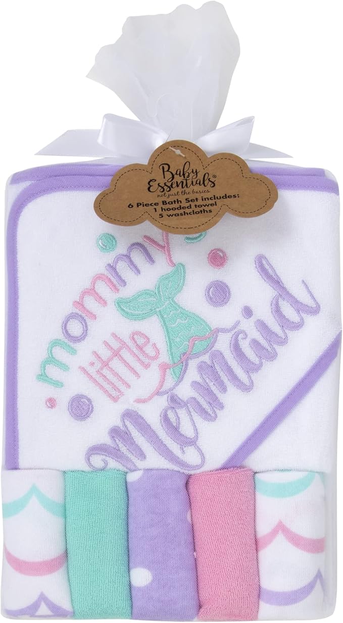 Baby Hooded Towel and Washcloth Set for Infants, Boys and Girls 6-12 Months (Mommy's Mermaid)