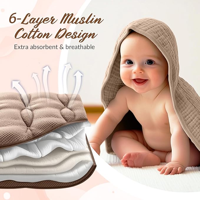 Hahafelt 6 Pcs Muslin Hooded Bath Towels Washcloths and Bibs Set, Muslin Cotton Baby Towels Absorbent Hooded Blanket Towel Infant Bibs for Boys Girls Newborn Infant Essential(Dark Brown, Khaki)