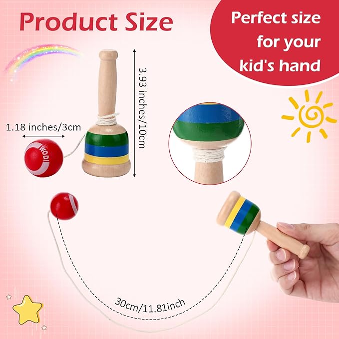 RoundFunny 20 Pcs Wooden Catch Ball Game Mini Wood Ball Catching with String Cup Vintage Catch Toys for Kids Novelty Party Game for Fun Lawn Camping Beach Hand Eye Coordination Educational