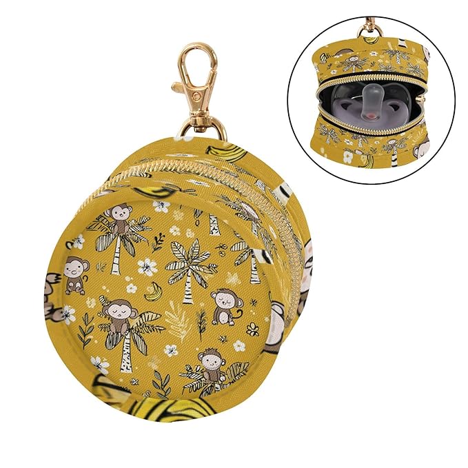 Pacifier Holder with Clip Pacifier Case for Diaper Bag Round Baby Pacifier Pouch Box Bag Portable Yellow Floral Jungle Monkeys and Trees
